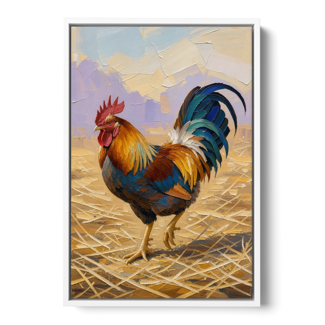 Farm Animal Wall Art of a Strutting Rooster - White Framed Canvas Wall Art - Front