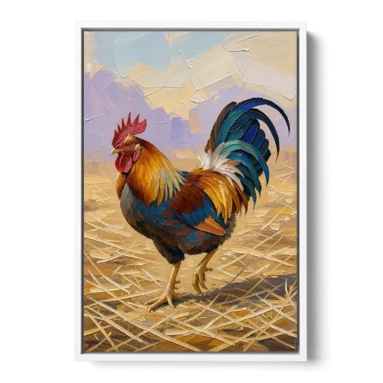 Farm Animal Wall Art of a Strutting Rooster - White Framed Canvas Wall Art - Front