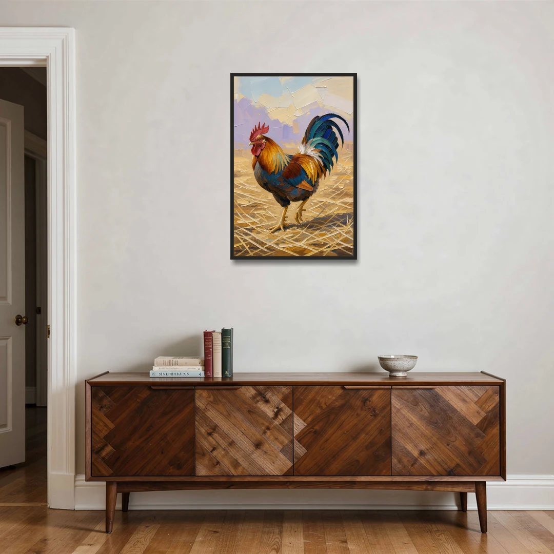 Farm Animal Wall Art of a Strutting Rooster - Black Framed Canvas Wall Art - Coffee Table - 24x36