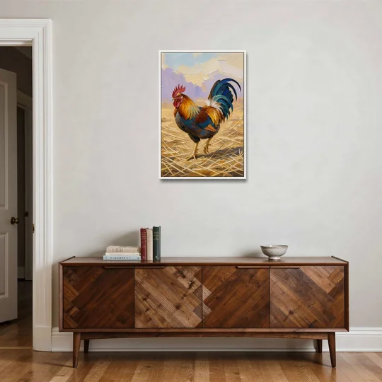 Farm Animal Wall Art of a Strutting Rooster - White Framed Canvas Wall Art - Coffee Table - 24x36