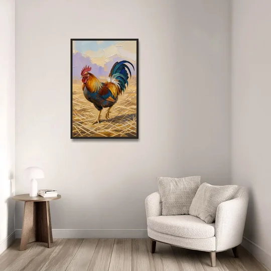 Farm Animal Wall Art of a Strutting Rooster - Black Framed Canvas Wall Art - Sofa - 24x36