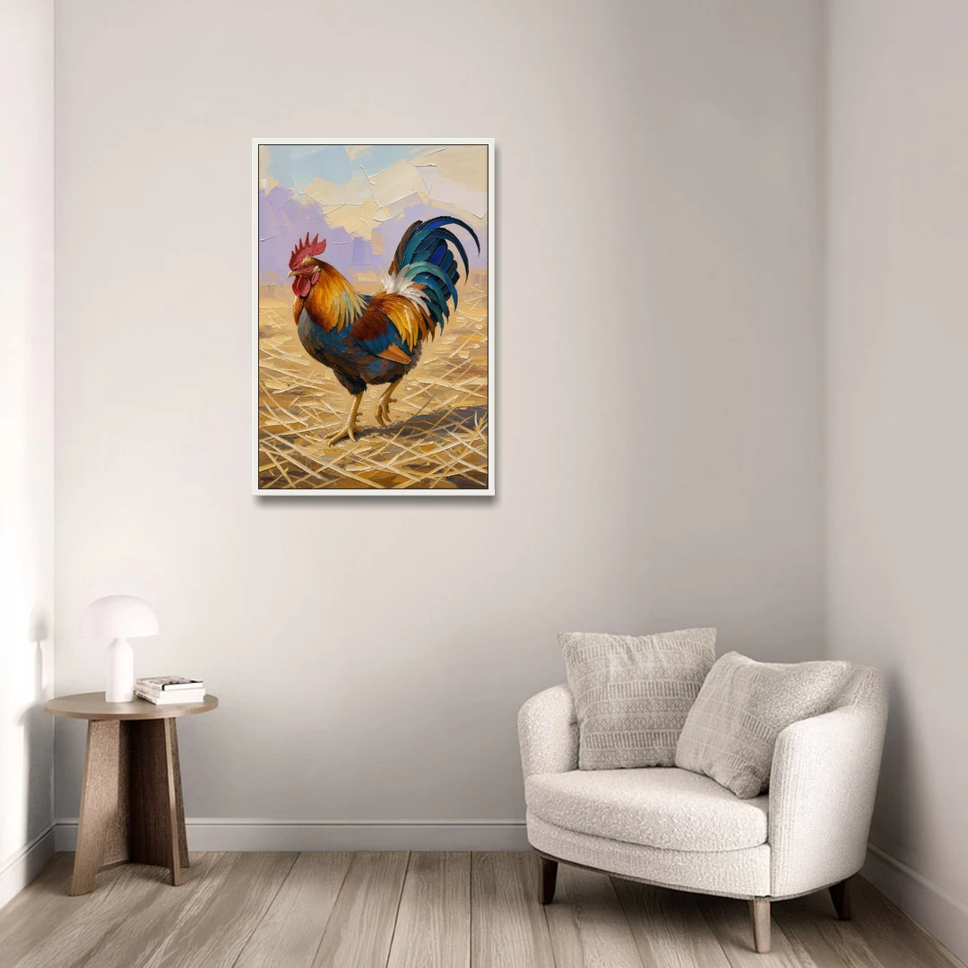 Farm Animal Wall Art of a Strutting Rooster - White Framed Canvas Wall Art - Sofa - 24x36
