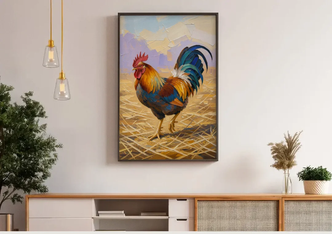 Farm Animal Wall Art of a Strutting Rooster canvas wall art above a wooden sideboard under pendant lights