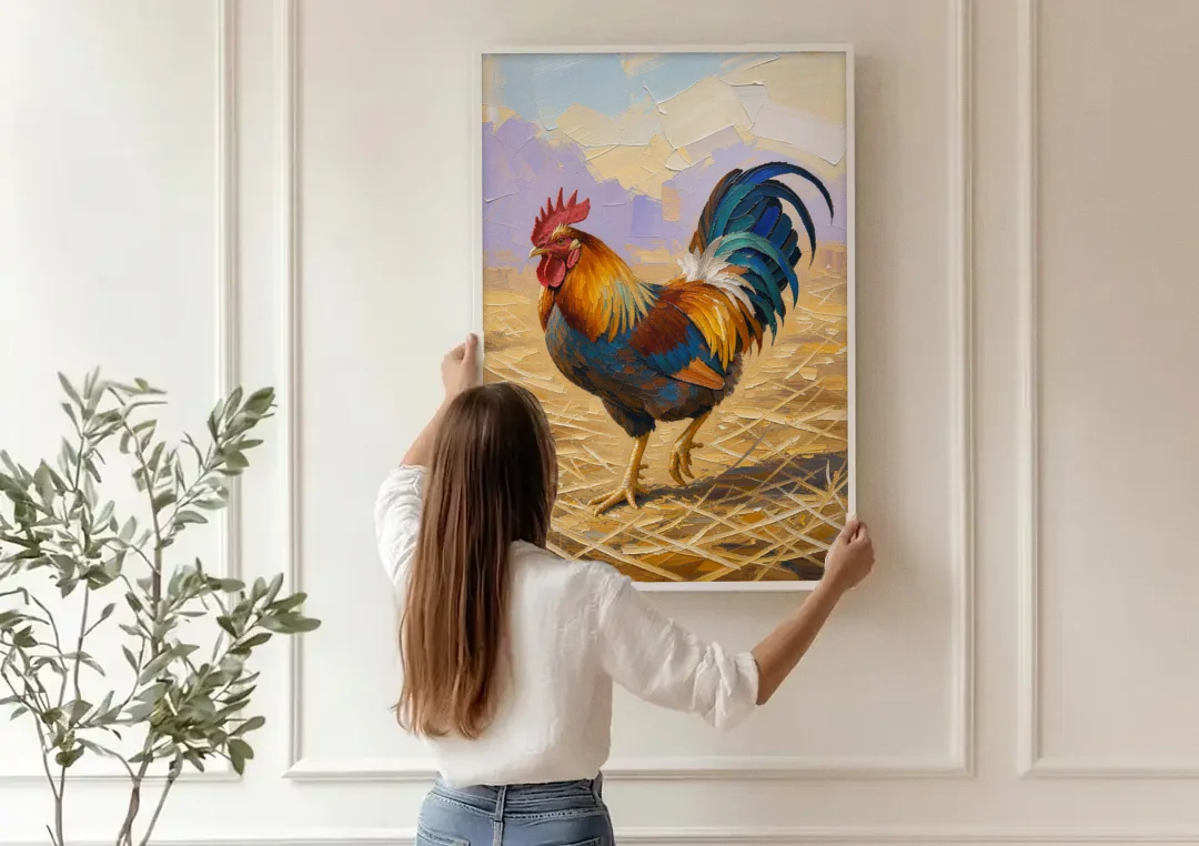 Farm Animal Wall Art of a Strutting Rooster canvas wall art being hung on a paneled wall
