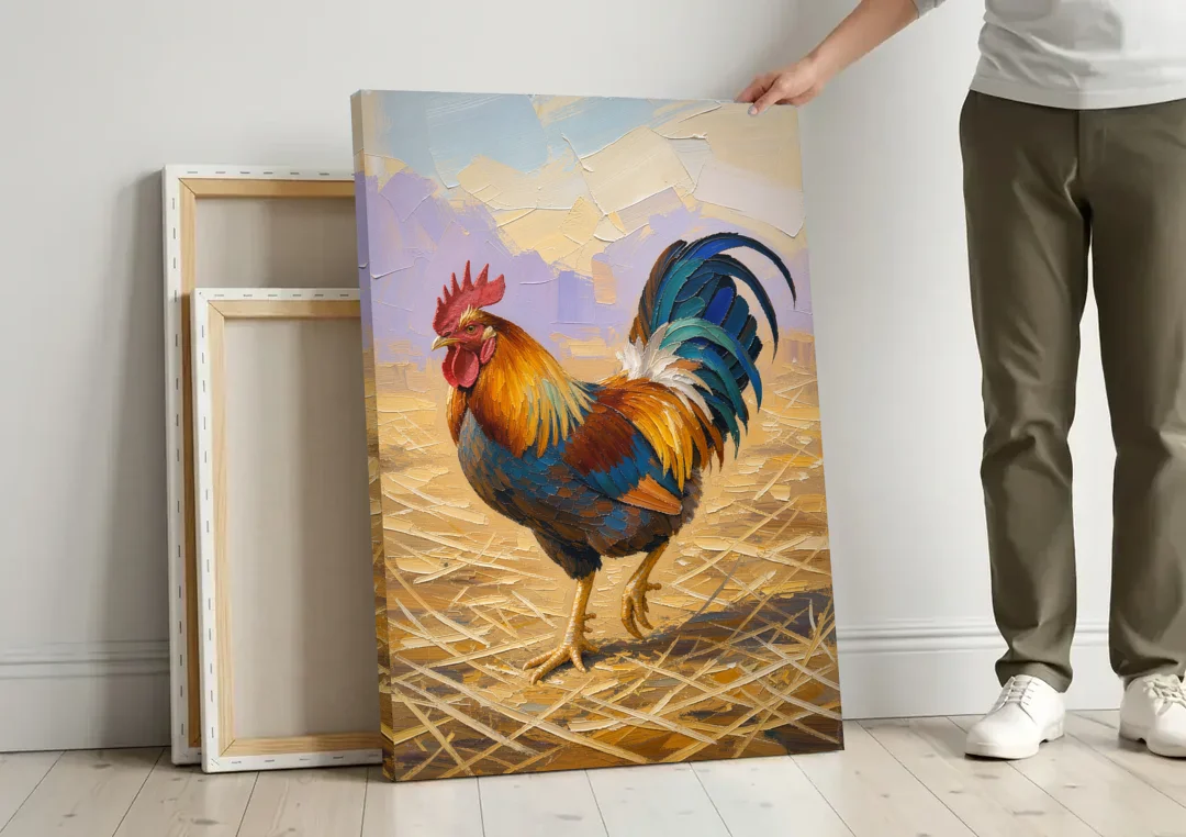 Farm Animal Wall Art of a Strutting Rooster canvas wall art leaning against a wall next to blank canvases