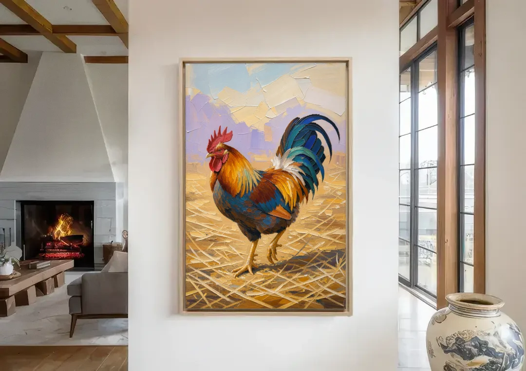 Farm Animal Wall Art of a Strutting Rooster canvas wall art in a living room with a fireplace