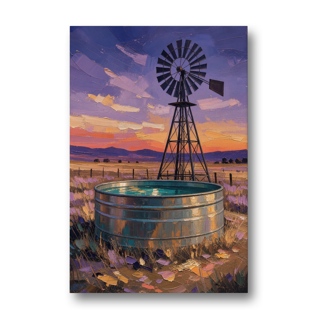 Farm Landscape Painting with Windmill and Stock Tank - Canvas Wall Art - Front