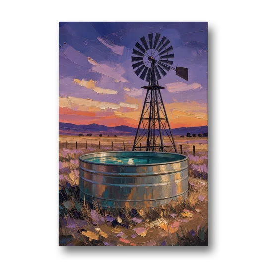 Farm Landscape Painting with Windmill and Stock Tank - Canvas Wall Art - Front