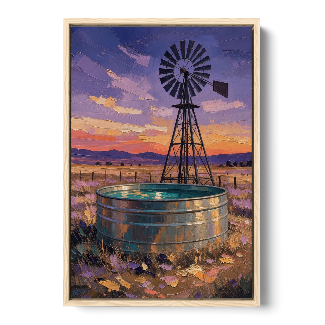 Farm Landscape Painting with Windmill and Stock Tank - Oak Framed Canvas Wall Art - Front