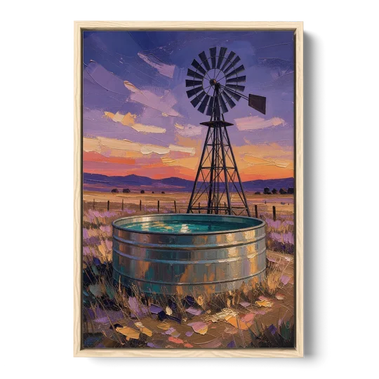 Farm Landscape Painting with Windmill and Stock Tank - Oak Framed Canvas Wall Art - Front