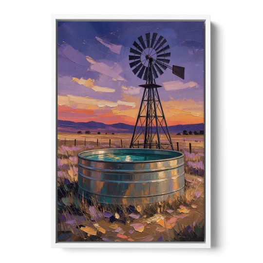 Farm Landscape Painting with Windmill and Stock Tank - White Framed Canvas Wall Art - Front