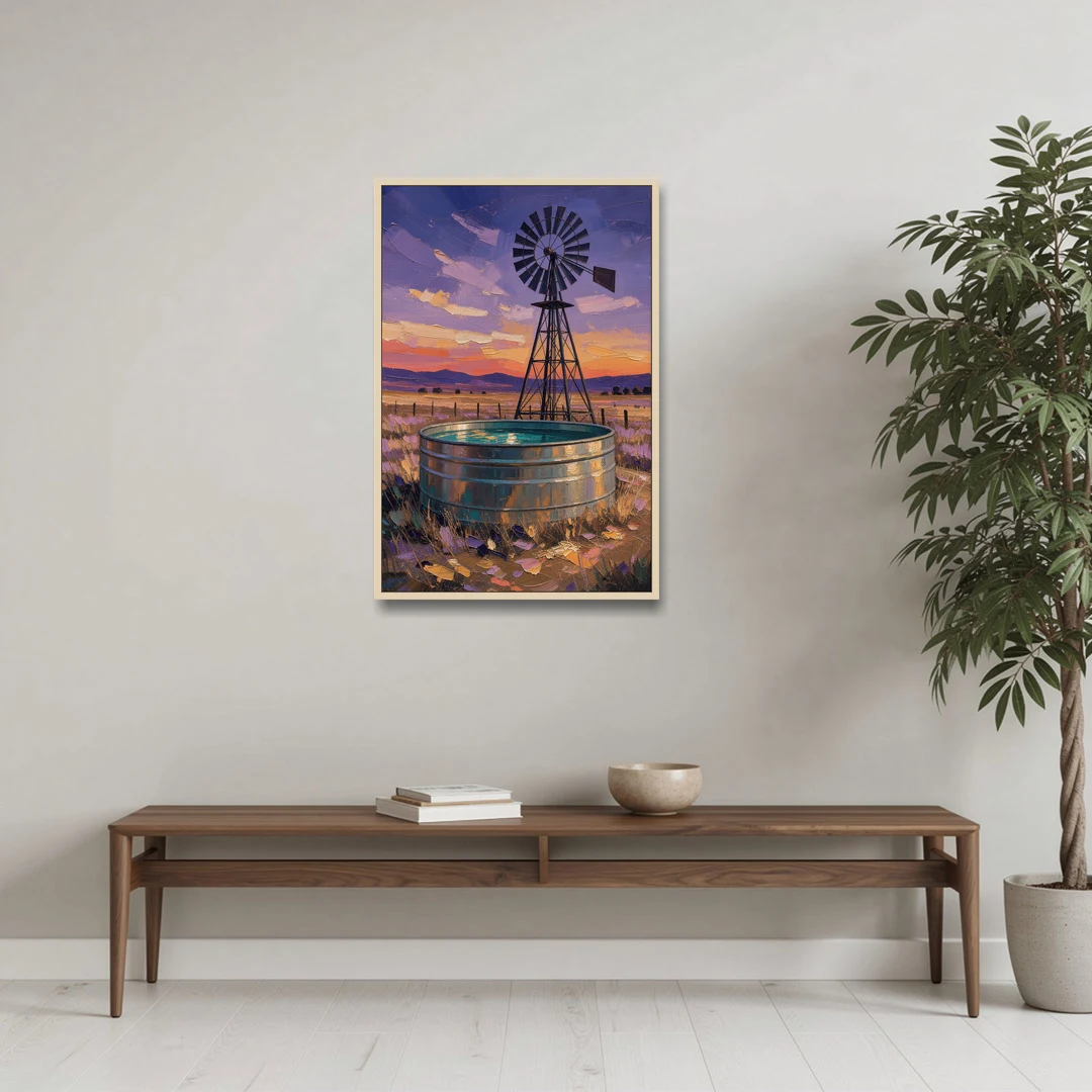 Farm Landscape Painting with Windmill and Stock Tank - Oak Framed Canvas Wall Art - Coffee Table - 24x36