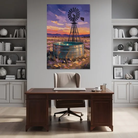 Farm Landscape Painting with Windmill and Stock Tank - Canvas Wall Art - Office - 40x60