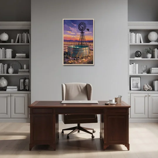 Farm Landscape Painting with Windmill and Stock Tank - Oak Framed Canvas Wall Art - Office - 24x36