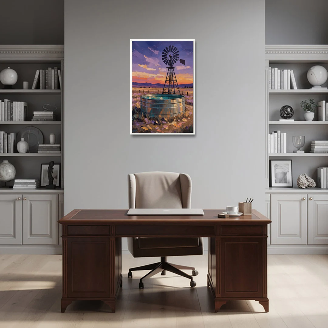 Farm Landscape Painting with Windmill and Stock Tank - White Framed Canvas Wall Art - Office - 24x36