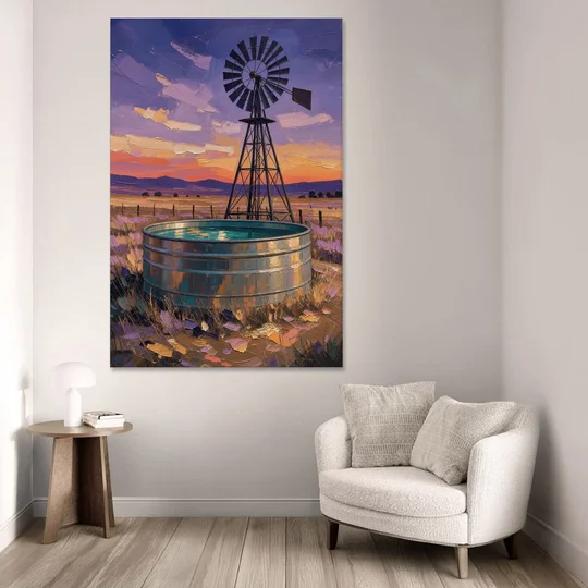 Farm Landscape Painting with Windmill and Stock Tank - Canvas Wall Art - Sofa - 40x60