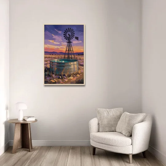 Farm Landscape Painting with Windmill and Stock Tank - Oak Framed Canvas Wall Art - Sofa - 24x36