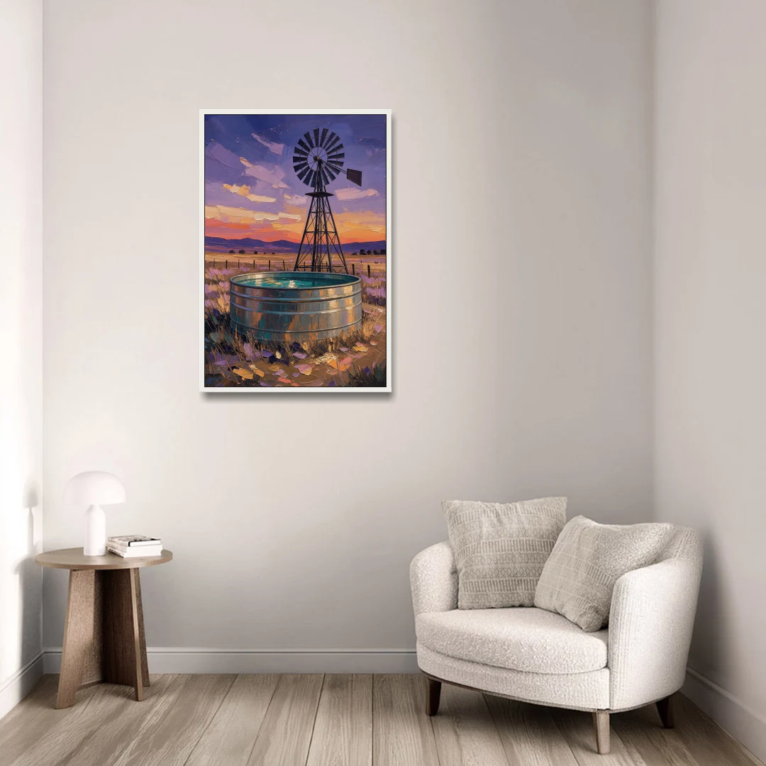 Farm Landscape Painting with Windmill and Stock Tank - White Framed Canvas Wall Art - Sofa - 24x36