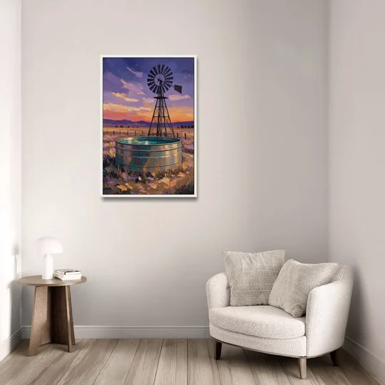 Farm Landscape Painting with Windmill and Stock Tank - White Framed Canvas Wall Art - Sofa - 24x36