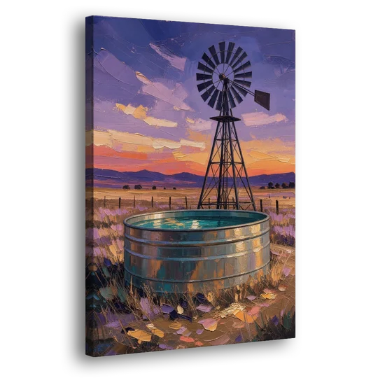 Farm Landscape Painting with Windmill and Stock Tank - Canvas Wall Art - Side