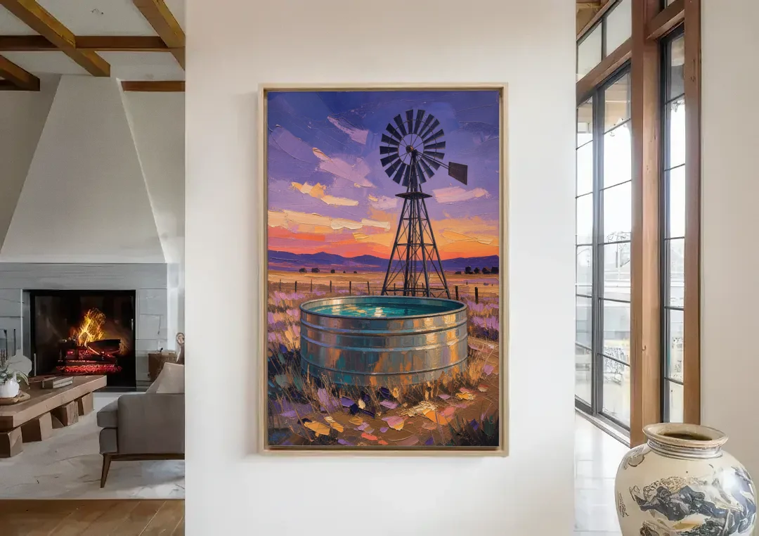 Farm Landscape Painting with Windmill and Stock Tank canvas wall art in a living room with a fireplace