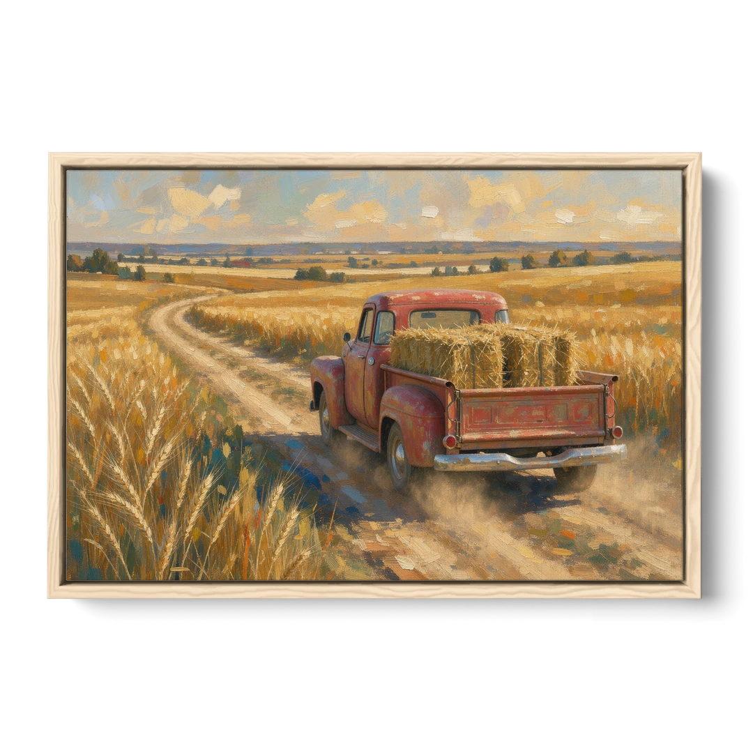 Farm Wall Art Hay Truck on the Wheat Road - Oak Framed Canvas Wall Art - Front