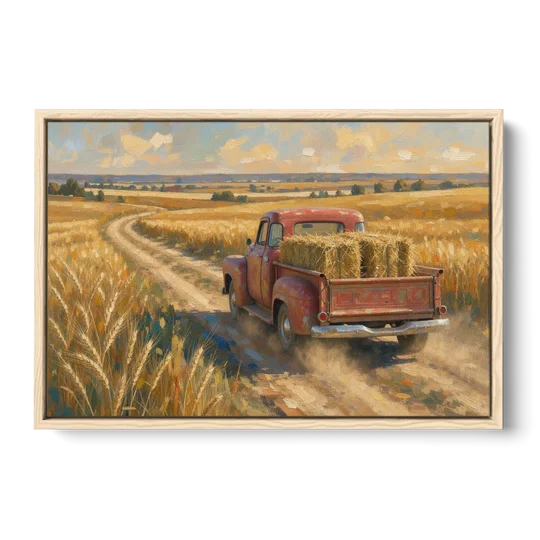 Farm Wall Art Hay Truck on the Wheat Road - Oak Framed Canvas Wall Art - Front
