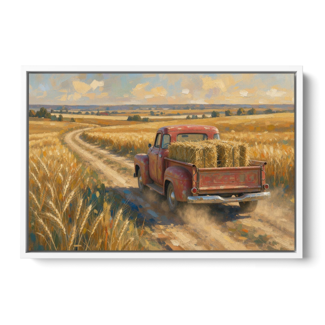 Farm Wall Art Hay Truck on the Wheat Road - White Framed Canvas Wall Art - Front