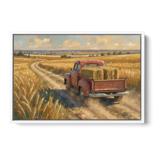 Farm Wall Art Hay Truck on the Wheat Road - White Framed Canvas Wall Art - Front