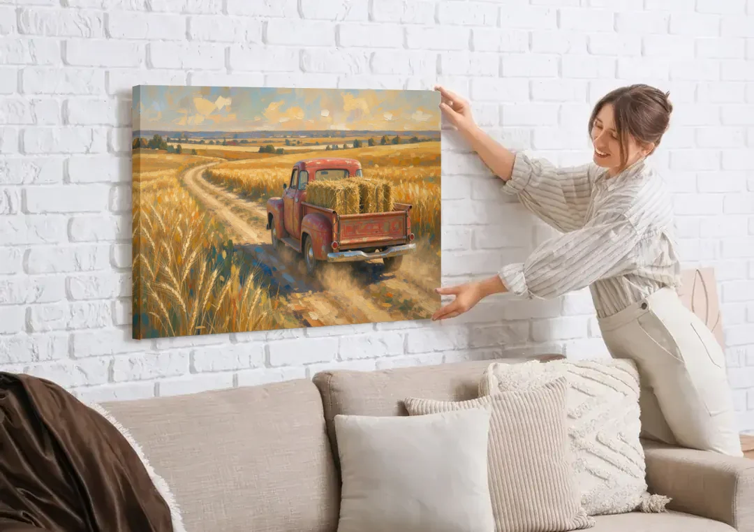 Farm Wall Art Hay Truck on the Wheat Road canvas wall art being hung on a white brick wall above a sofa