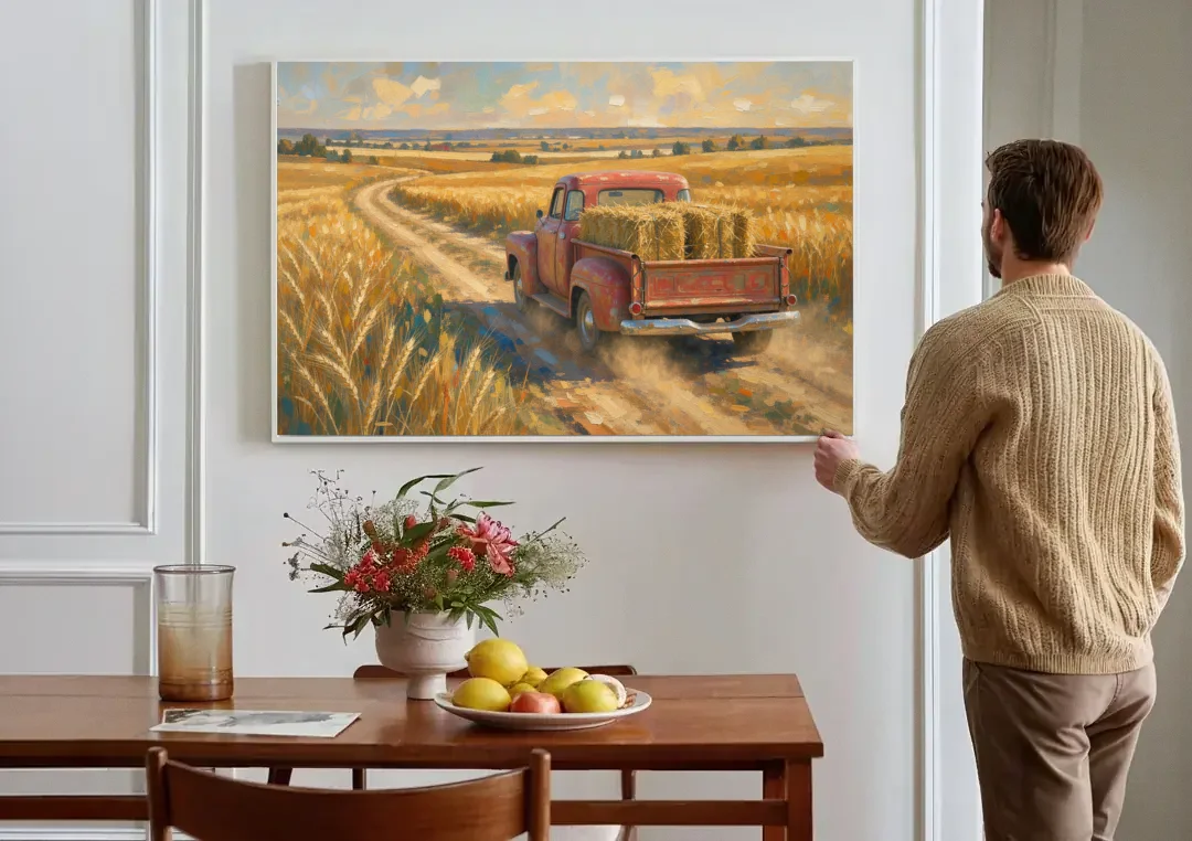 Farm Wall Art Hay Truck on the Wheat Road canvas wall art above a dining table