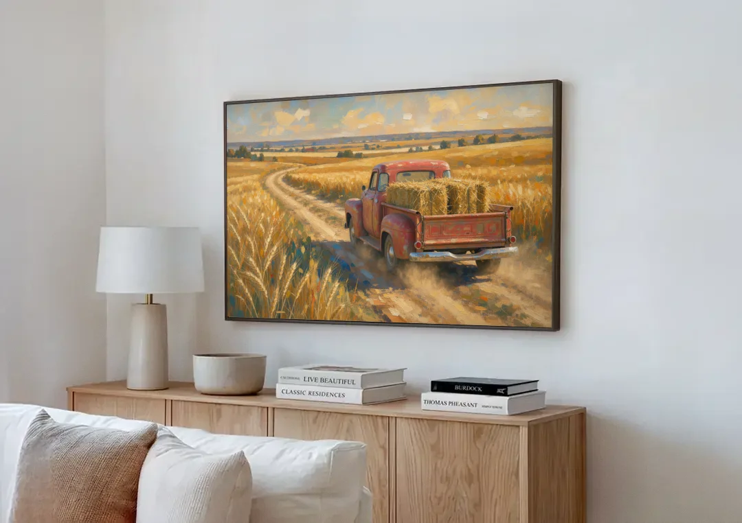 Farm Wall Art Hay Truck on the Wheat Road canvas wall art above a wooden sideboard next to a sofa