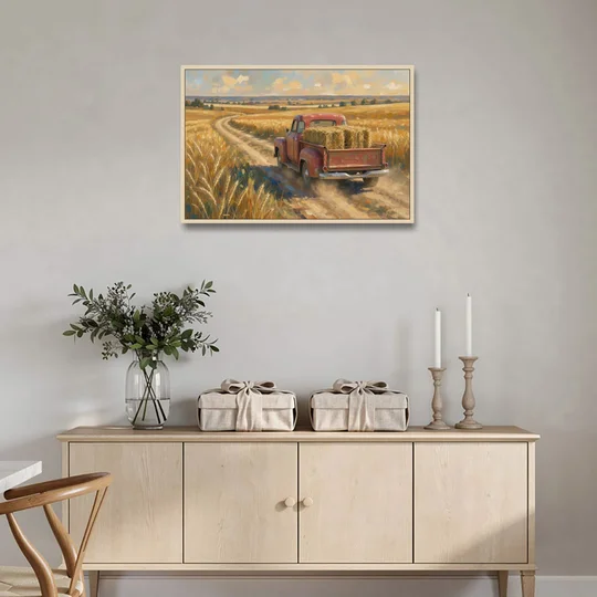 Farm Wall Art Hay Truck on the Wheat Road - Oak Framed Canvas Wall Art - Coffee Table - 36x24