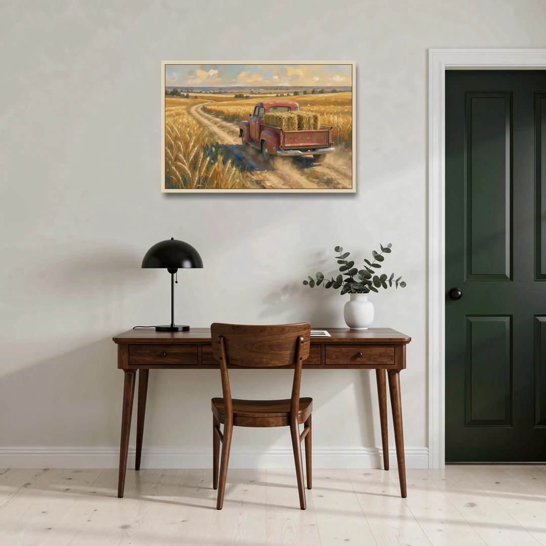 Farm Wall Art Hay Truck on the Wheat Road - Oak Framed Canvas Wall Art - Office - 36x24
