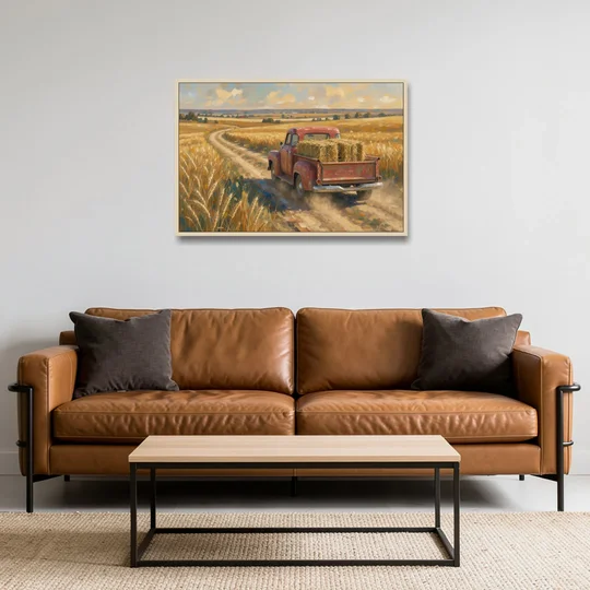 Farm Wall Art Hay Truck on the Wheat Road - Oak Framed Canvas Wall Art - Sofa - 36x24