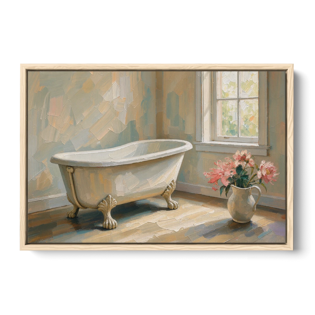 Farmhouse Bathroom Decor with a Clawfoot Tub and Peonies - Oak Framed Canvas Wall Art - Front