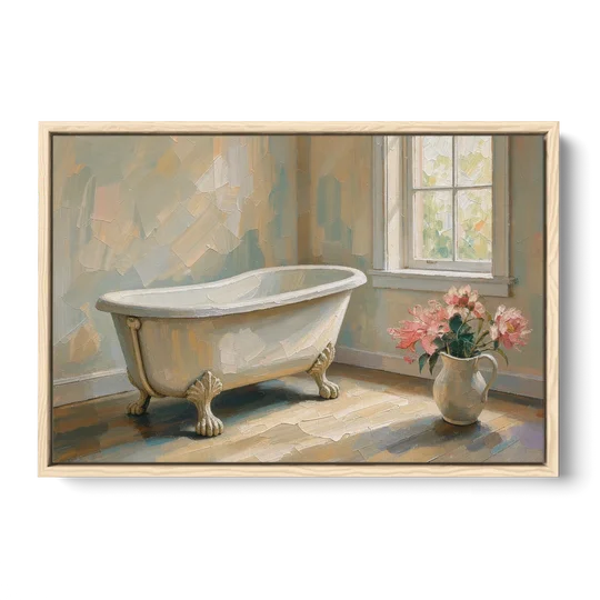 Farmhouse Bathroom Decor with a Clawfoot Tub and Peonies - Oak Framed Canvas Wall Art - Front