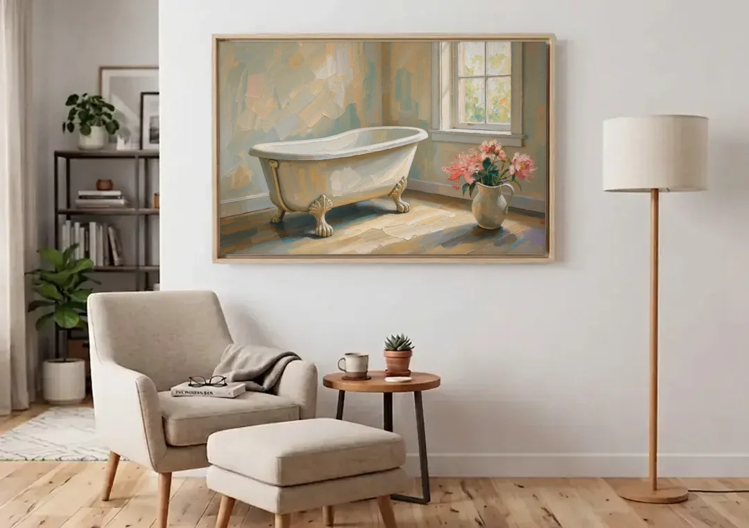 Farmhouse Bathroom Decor with a Clawfoot Tub and Peonies canvas wall art above an armchair in a bright living room