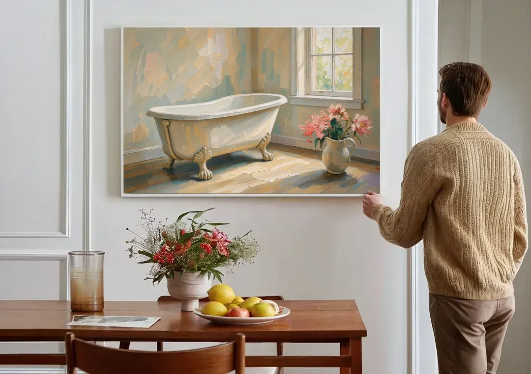 Farmhouse Bathroom Decor with a Clawfoot Tub and Peonies canvas wall art above a dining table