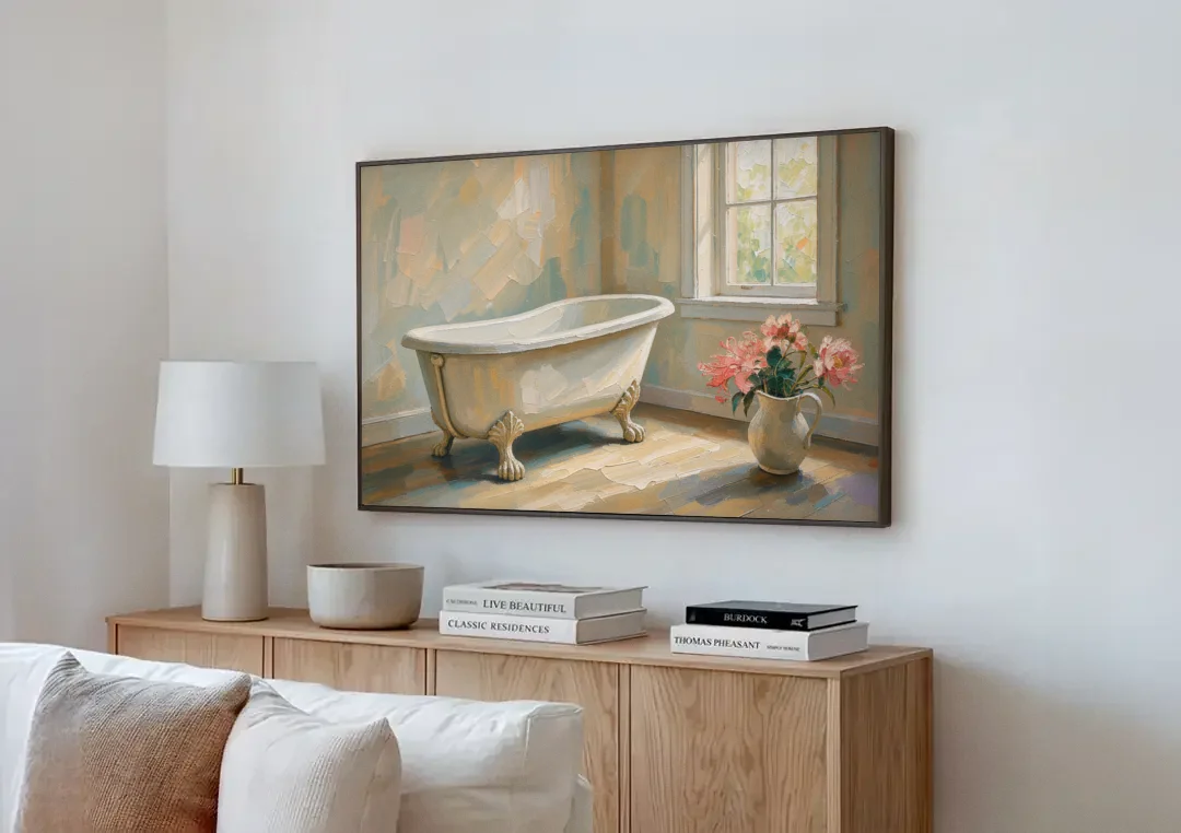 Farmhouse Bathroom Decor with a Clawfoot Tub and Peonies canvas wall art above a wooden sideboard next to a sofa