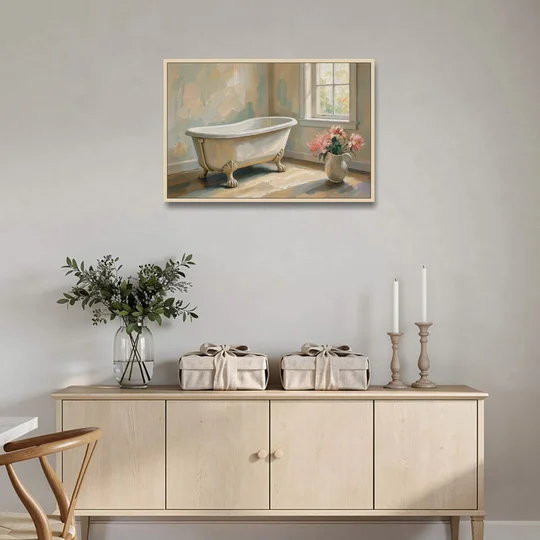 Farmhouse Bathroom Decor with a Clawfoot Tub and Peonies - Oak Framed Canvas Wall Art - Coffee Table - 36x24