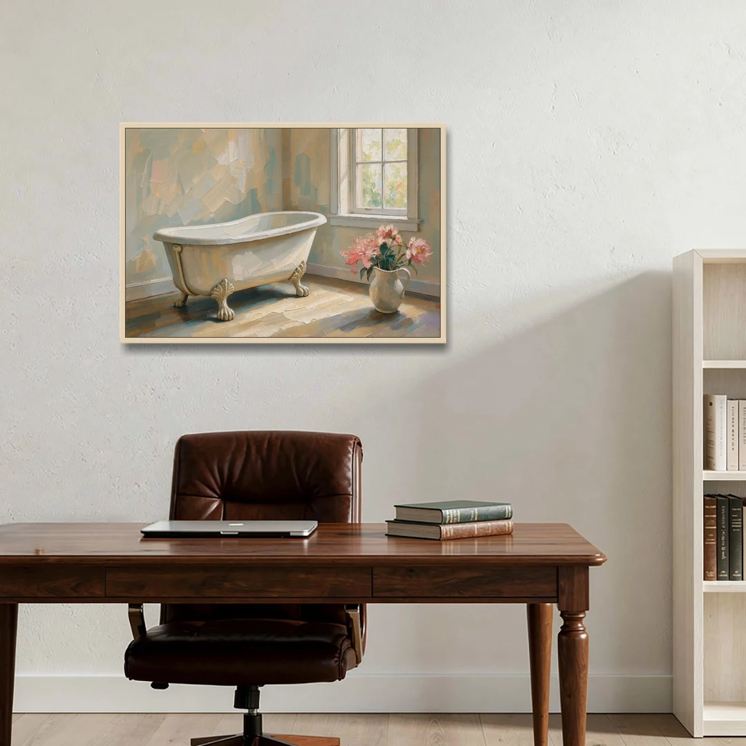 Farmhouse Bathroom Decor with a Clawfoot Tub and Peonies - Oak Framed Canvas Wall Art - Office - 36x24
