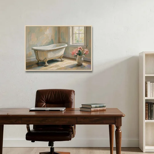 Farmhouse Bathroom Decor with a Clawfoot Tub and Peonies - Oak Framed Canvas Wall Art - Office - 36x24