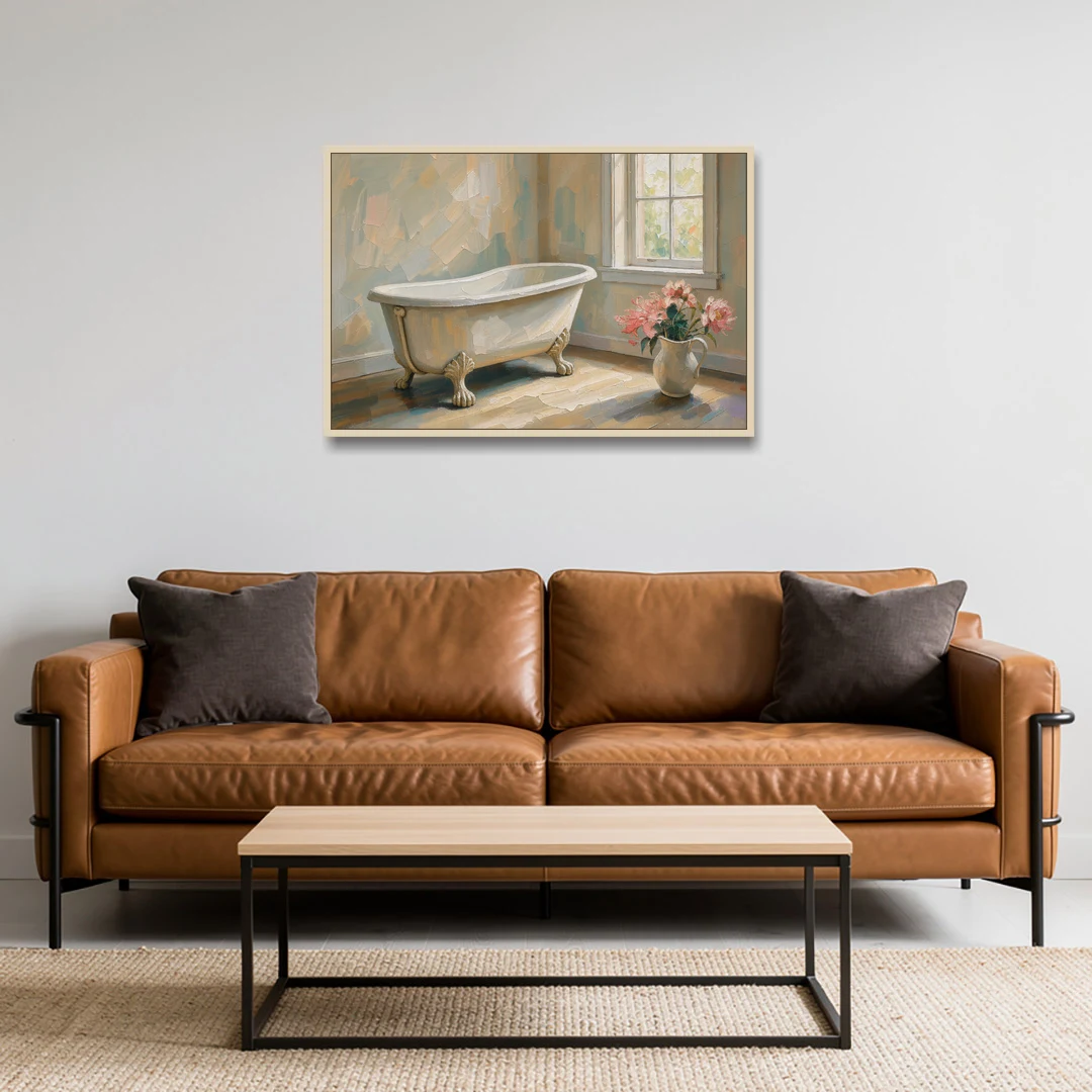 Farmhouse Bathroom Decor with a Clawfoot Tub and Peonies - Oak Framed Canvas Wall Art - Sofa - 36x24
