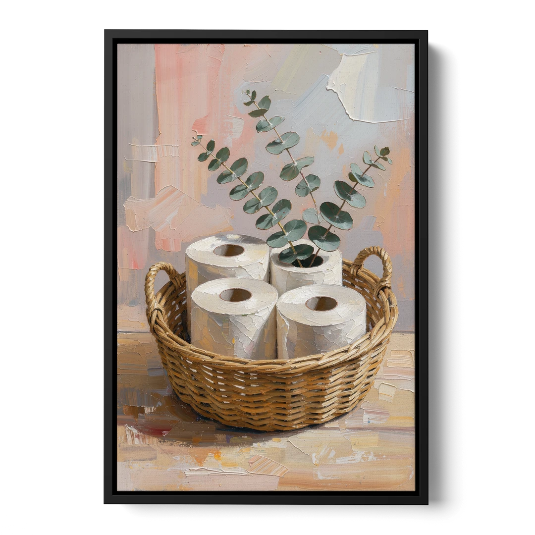 Farmhouse Bathroom Wall Decor with Wicker Basket and Eucalyptus - Black Framed Canvas Wall Art - Front