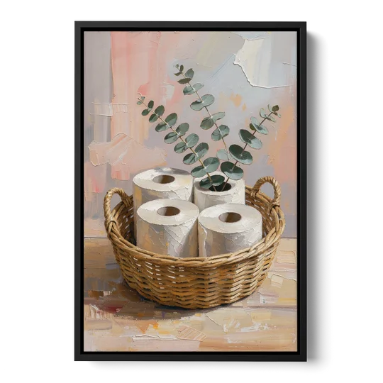 Farmhouse Bathroom Wall Decor with Wicker Basket and Eucalyptus - Black Framed Canvas Wall Art - Front