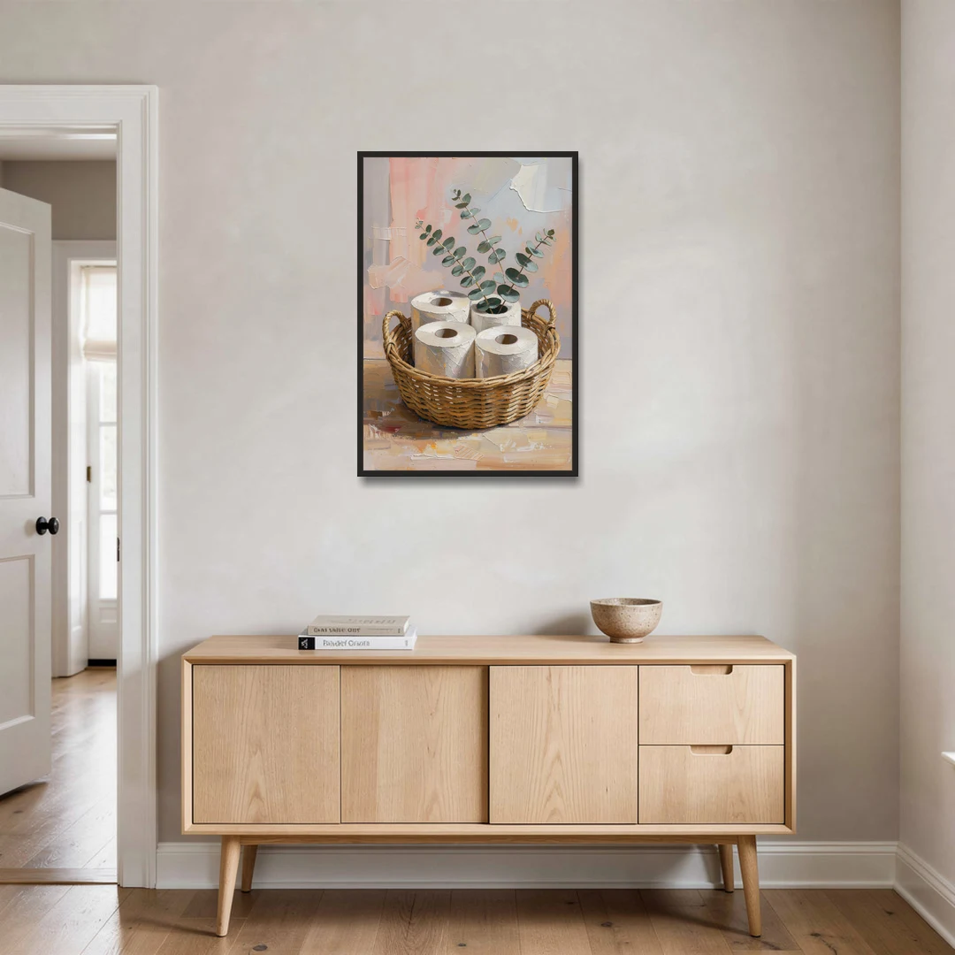 Farmhouse Bathroom Wall Decor with Wicker Basket and Eucalyptus - Black Framed Canvas Wall Art - Coffee Table - 24x36