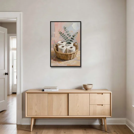 Farmhouse Bathroom Wall Decor with Wicker Basket and Eucalyptus - Black Framed Canvas Wall Art - Coffee Table - 24x36