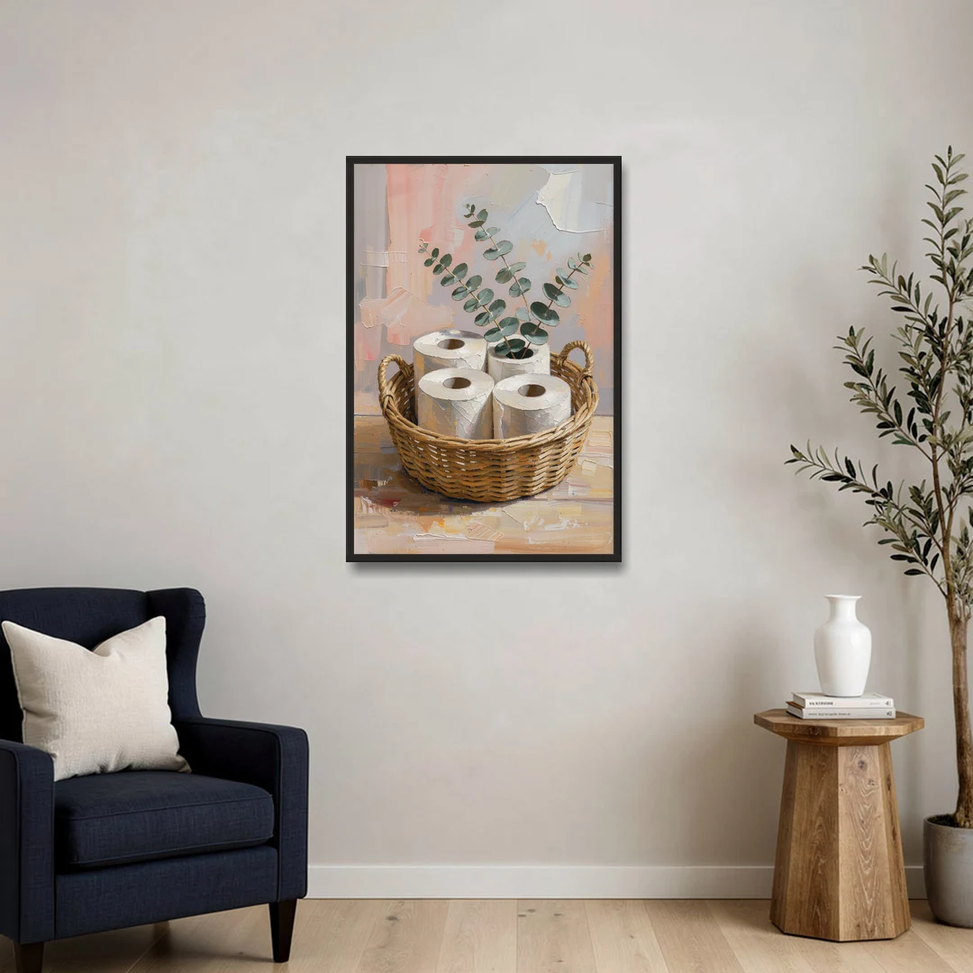 Farmhouse Bathroom Wall Decor with Wicker Basket and Eucalyptus - Black Framed Canvas Wall Art - Sofa - 24x36
