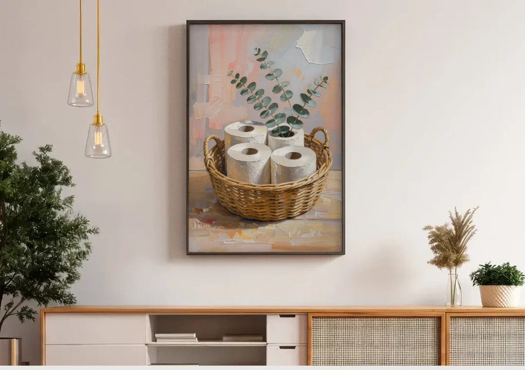 Farmhouse Bathroom Wall Decor with Wicker Basket and Eucalyptus canvas wall art above a wooden sideboard under pendant lights